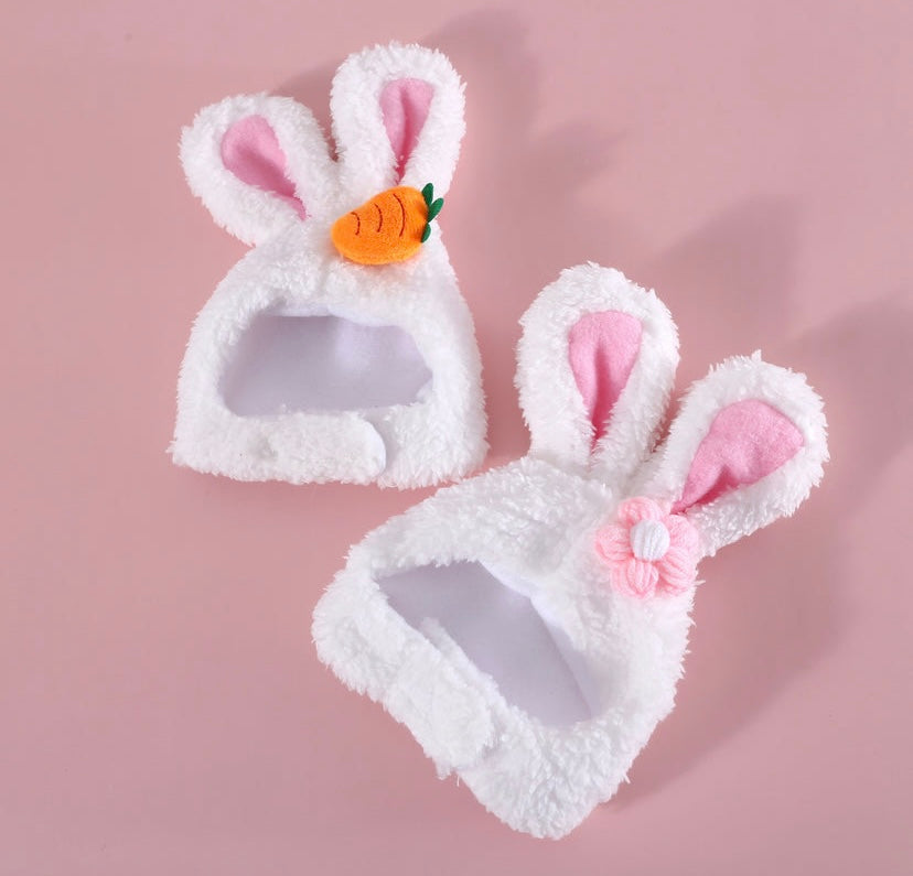 Fluffy White & Pink Bunny Ears Hat for Gentle Cats