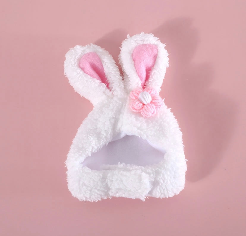 Fluffy White & Pink Bunny Ears Hat for Gentle Cats